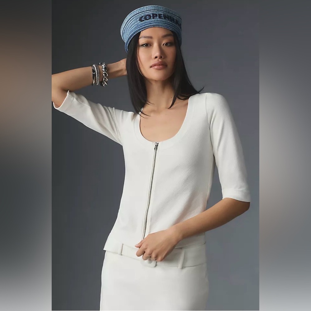 Maeve by Anthropologie Front-Zip Scoop-Neck Top in White, NWT size Med